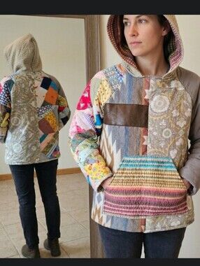 Upcycled Quilt Hoodie M Handmade Hidden Pocket Dont Throw It Out